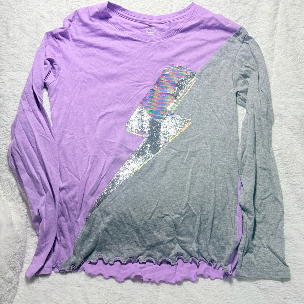Girls Wonder Nation Purple and Gray LS Top with Sequin Lightning Bolt XL (14/16)